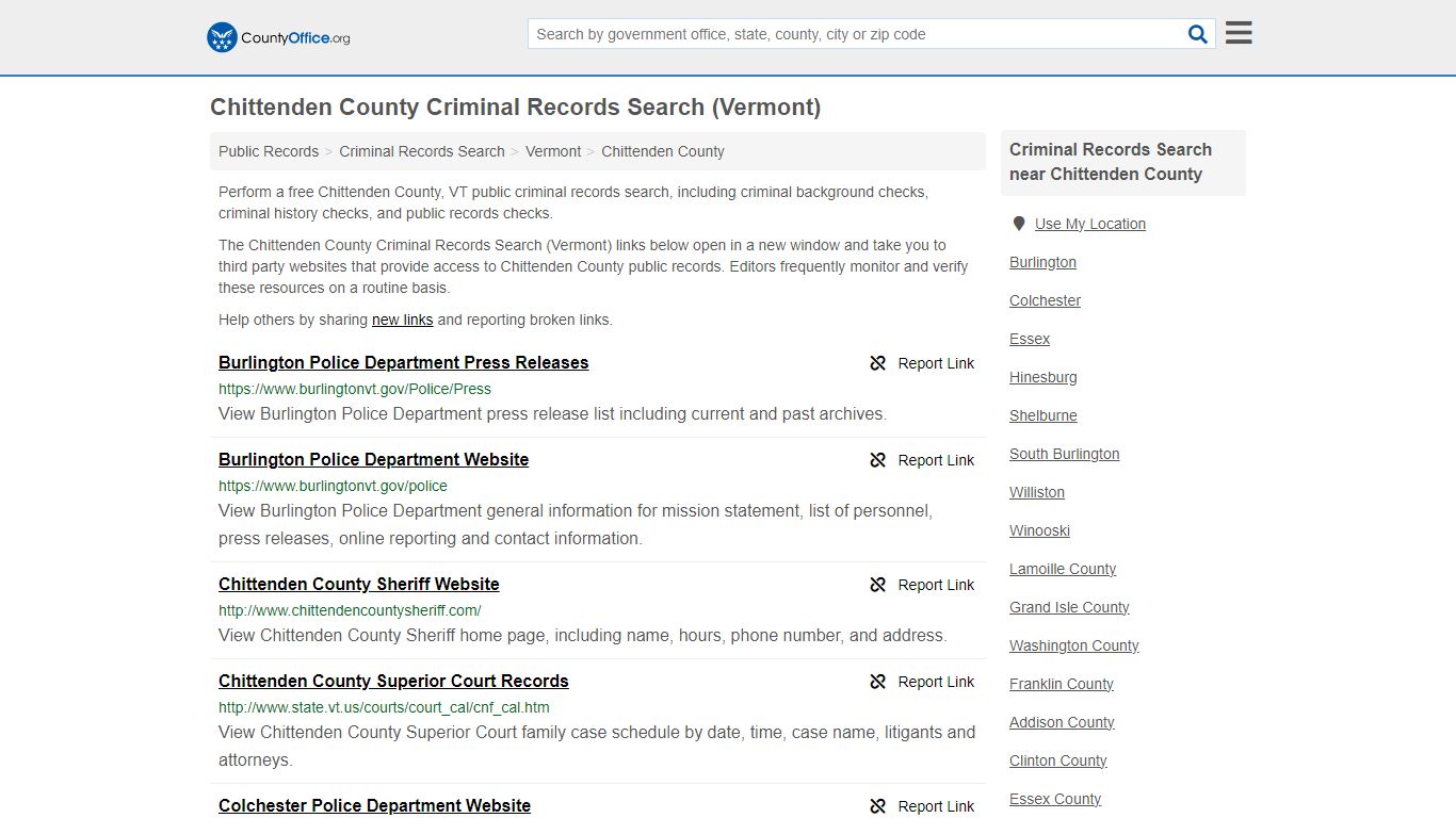 Chittenden County Criminal Records Search (Vermont) - County Office